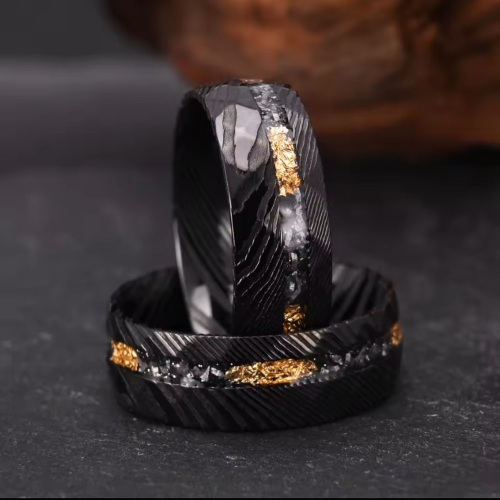 Men’s Black Hammered Tungsten 14K Gold Foil Meteorite Comfort Fit Ring